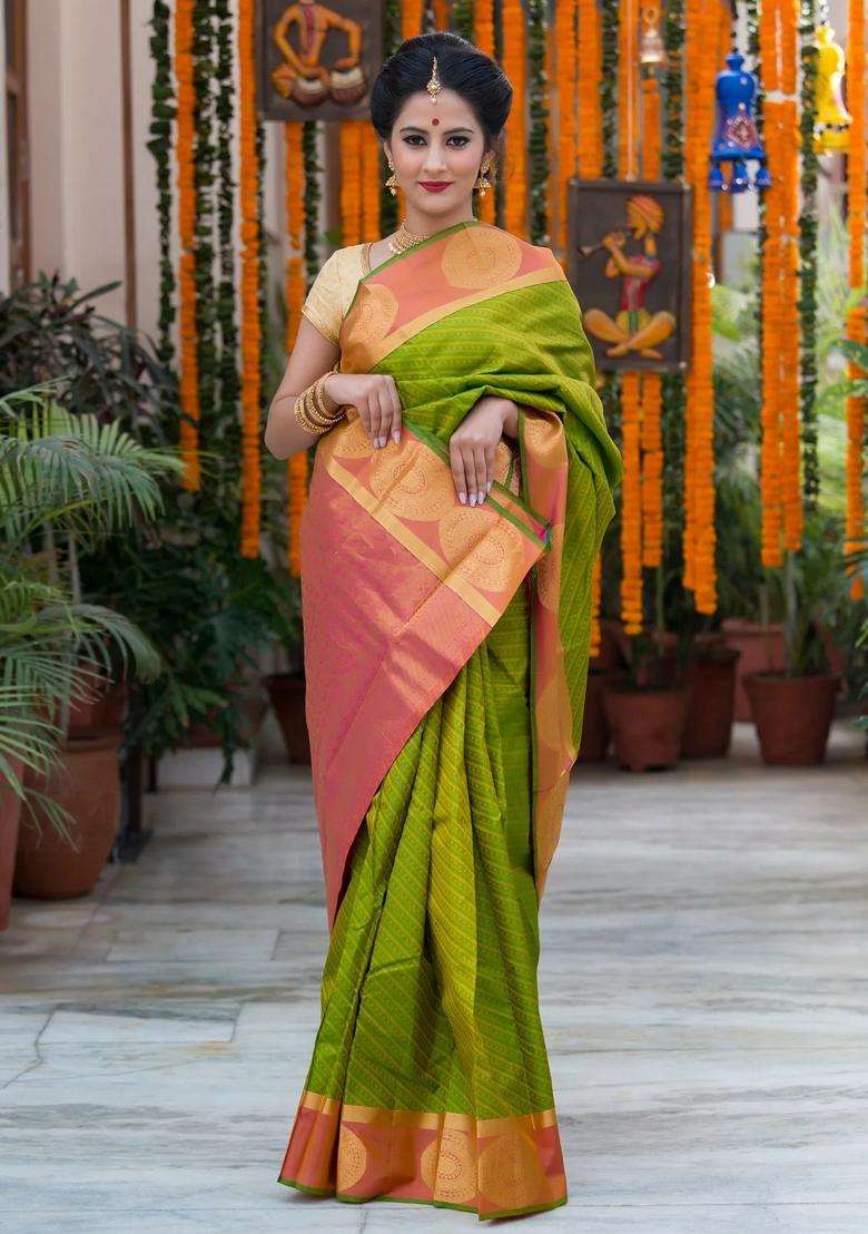 Green With Rust Pallu And Border Pure Soft Silk Saree With Traditional Woven Design For Women - Indya
