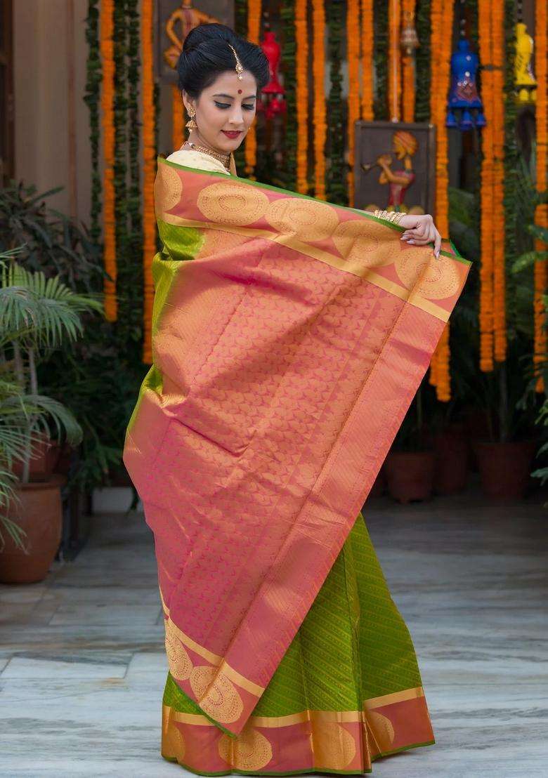 Green With Rust Pallu And Border Pure Soft Silk Saree With Traditional Woven Design For Women - Indya