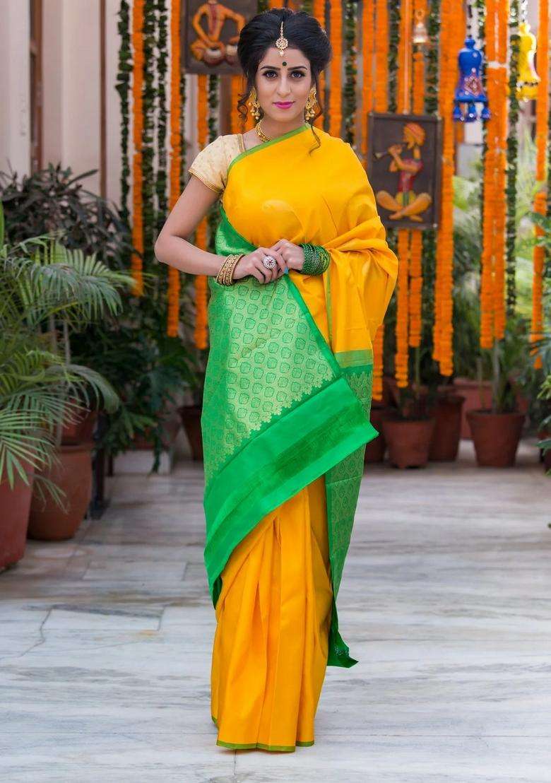 Bumblebee Yellow With Green Pallu Pure Soft Silk Saree With Traditional Woven Design For Women - Indya