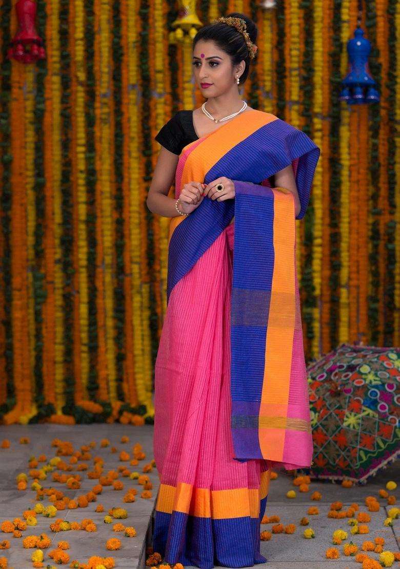 Pink Pure Kota Cotton Saree With Broad Border With Traditional Woven Design For Women - Indya