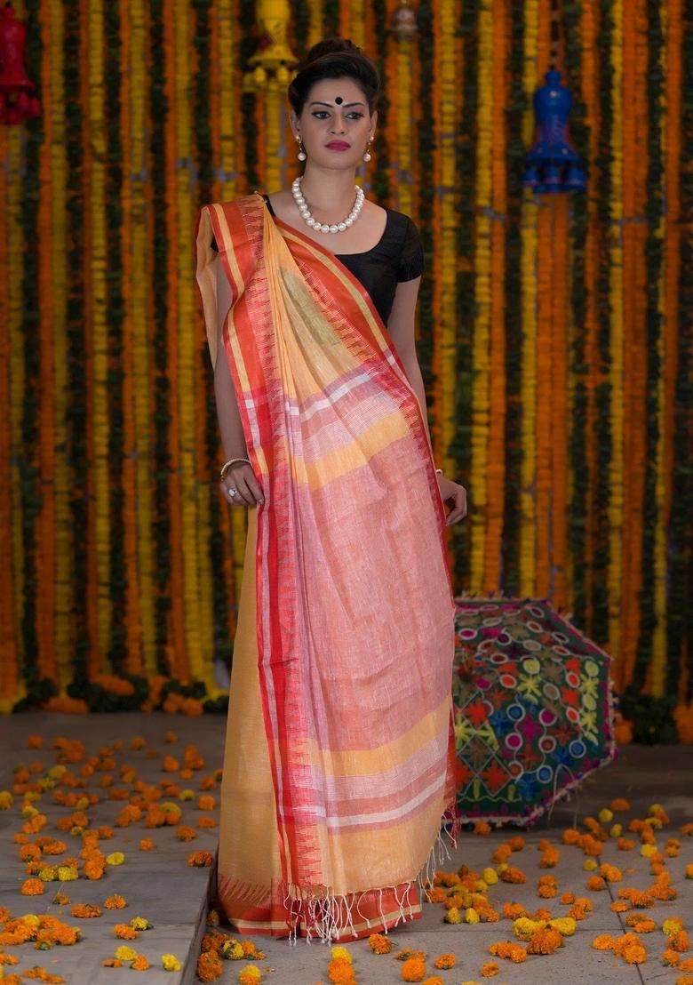 Pineapple Yellow Pure Linen Handloom Saree With Traditional Woven Design For Women - Indya
