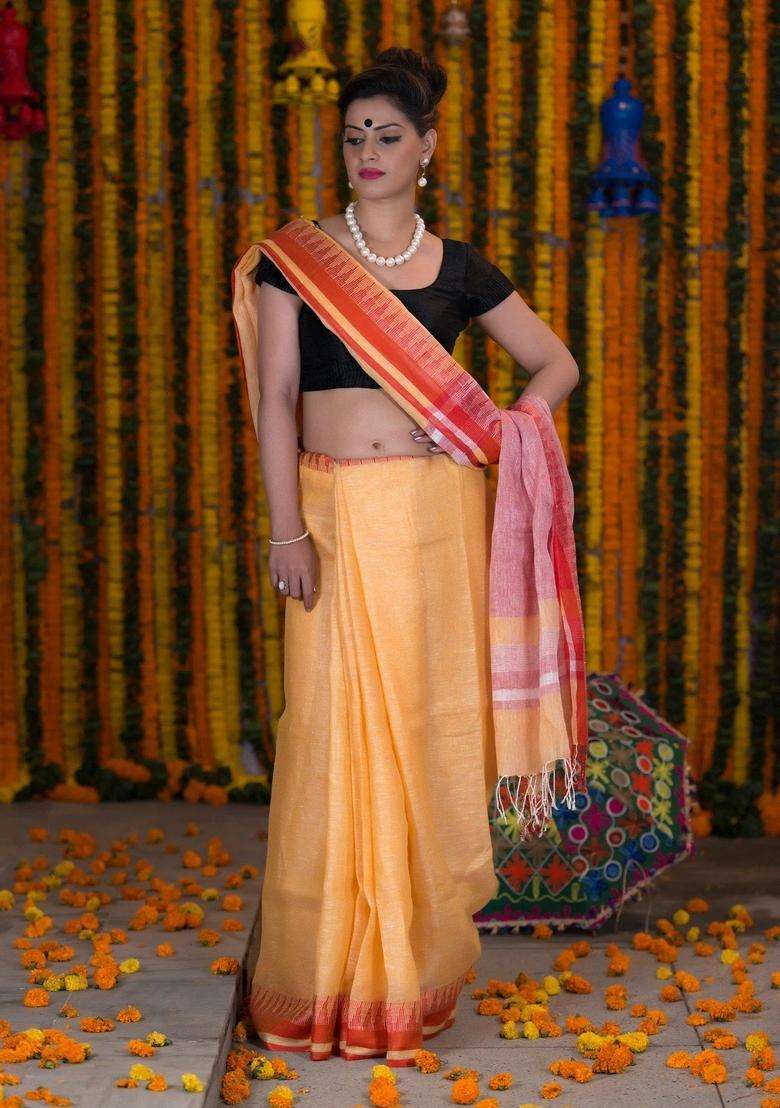 Pineapple Yellow Pure Linen Handloom Saree With Traditional Woven Design For Women - Indya