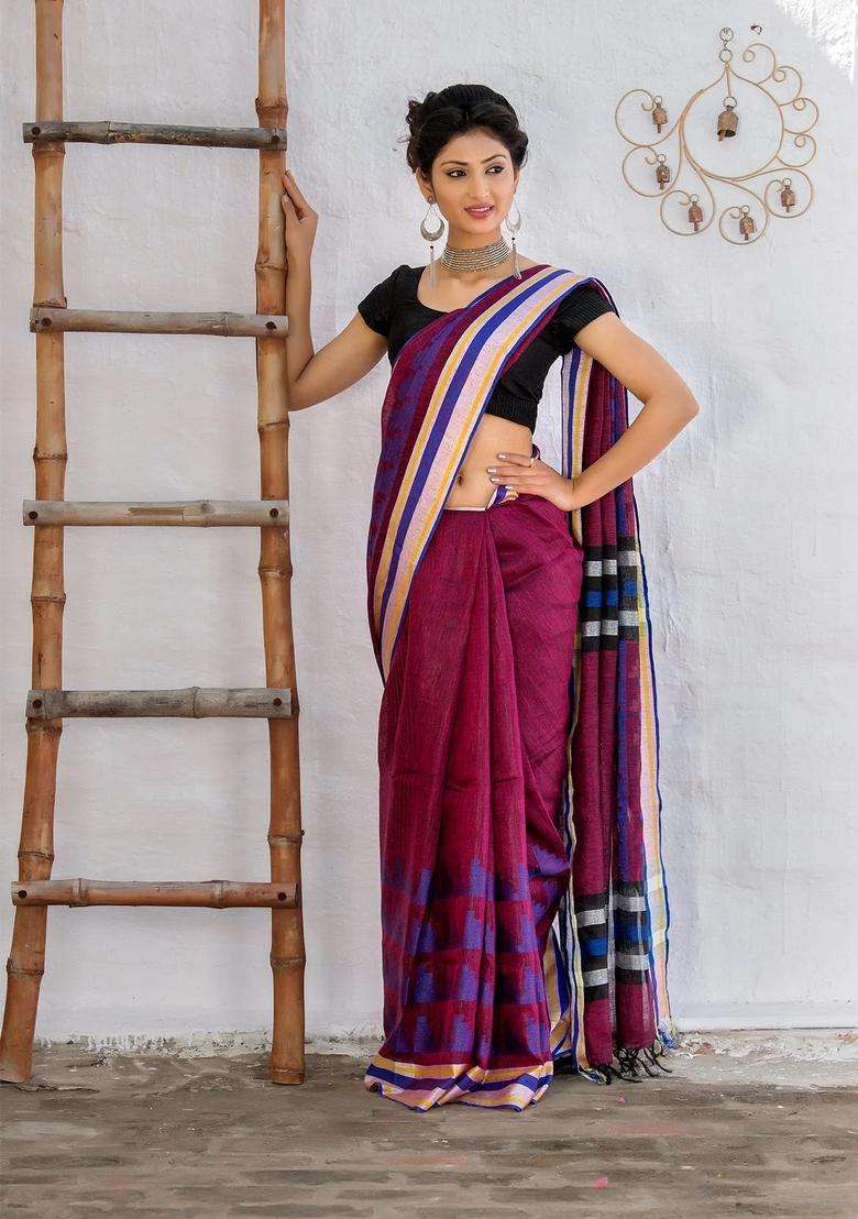 Plum Blue White Black Pure Linen Saree With Traditional Woven Design For Women - Indya