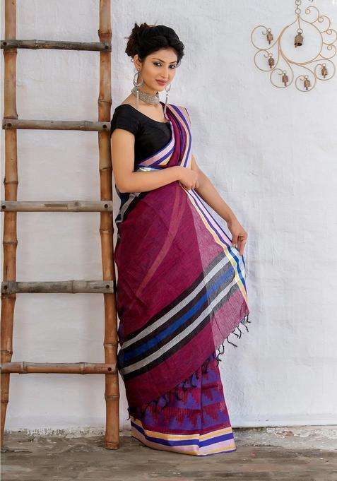 Plum Blue White Black Pure Linen Saree With Traditional Woven Design For Women