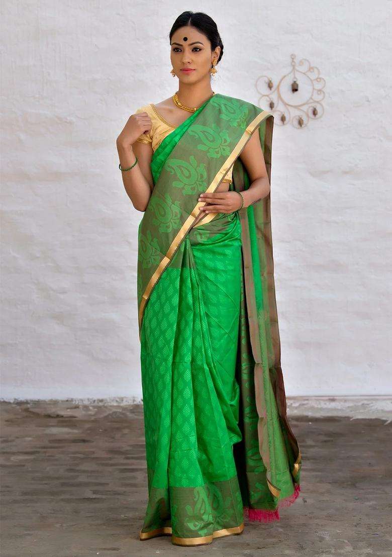 Fern Green Cotton Art Silk Saree With Traditional Woven Design For Women - Indya