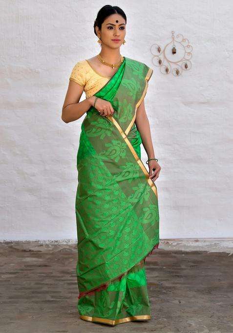 Fern Green Cotton Art Silk Saree With Traditional Woven Design For Women