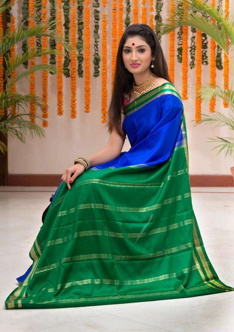 Blue And Green Pure Crepe Silk Saree With Traditional Woven Design For Women - Indya