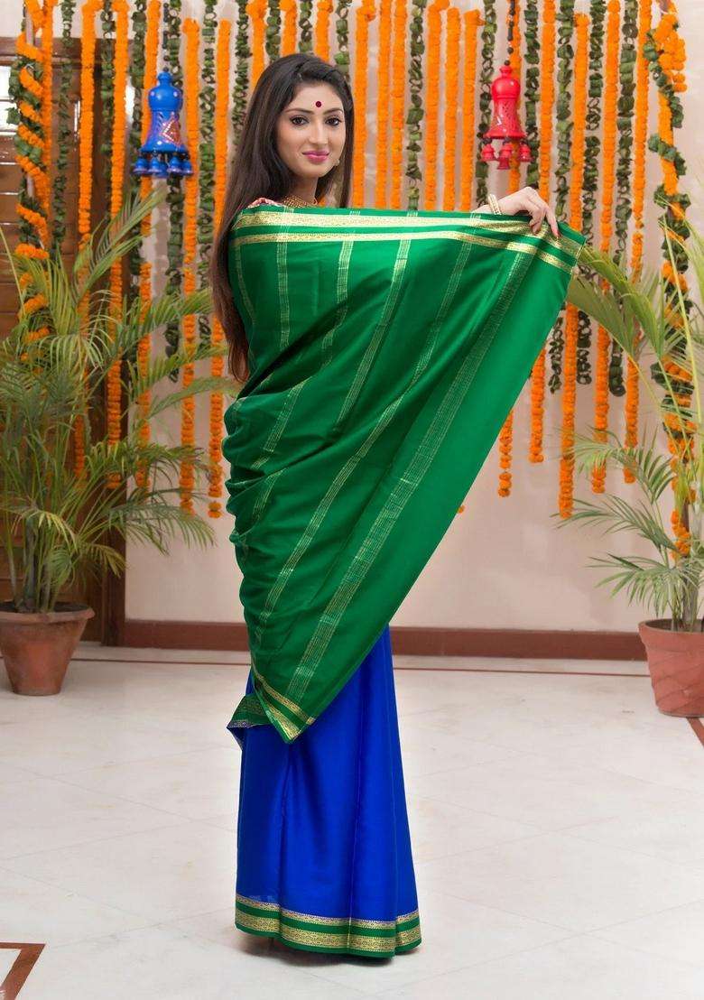 Blue And Green Pure Crepe Silk Saree With Traditional Woven Design For Women - Indya