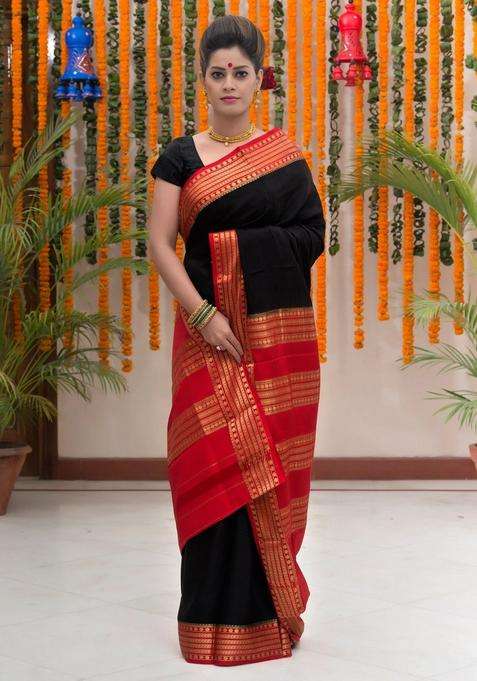 Black Red Pure Crepe Silk Saree With Traditional Woven Design For Women