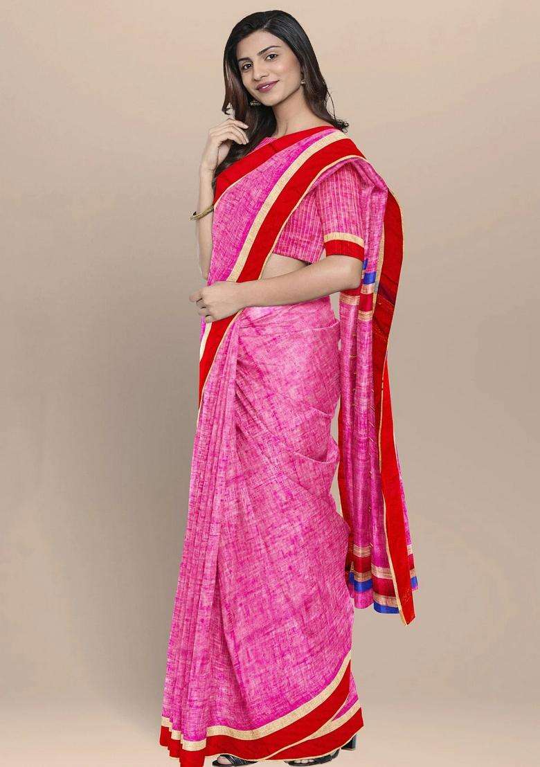 Pink Pure Linen Handloom Saree With Traditional Woven Design For Women - Indya