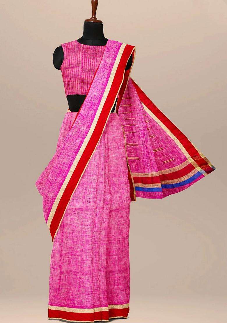 Pink Pure Linen Handloom Saree With Traditional Woven Design For Women - Indya