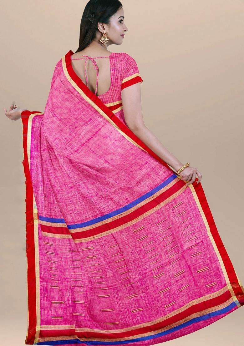 Pink Pure Linen Handloom Saree With Traditional Woven Design For Women - Indya