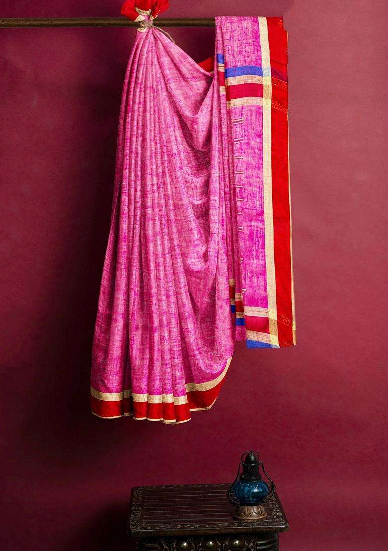 Pink Pure Linen Handloom Saree With Traditional Woven Design For Women - Indya