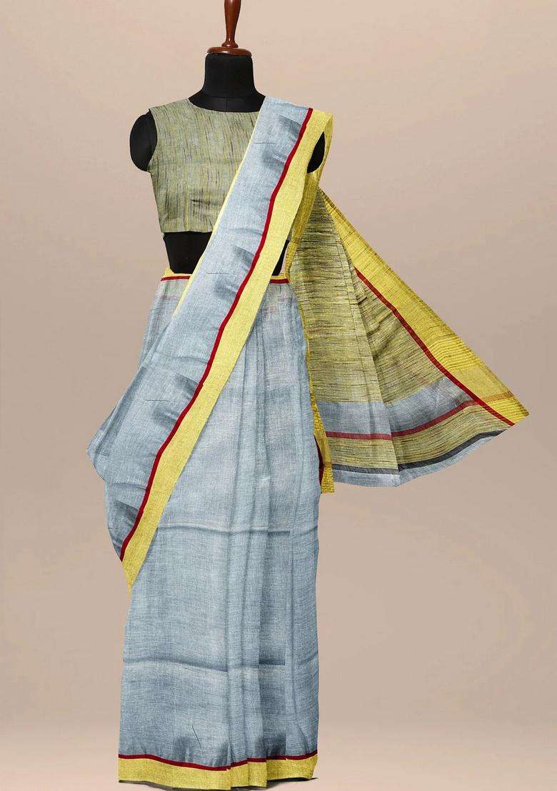 Porpoise Grey Pure Linen Handloom Saree With Traditional Woven Design For Women - Indya