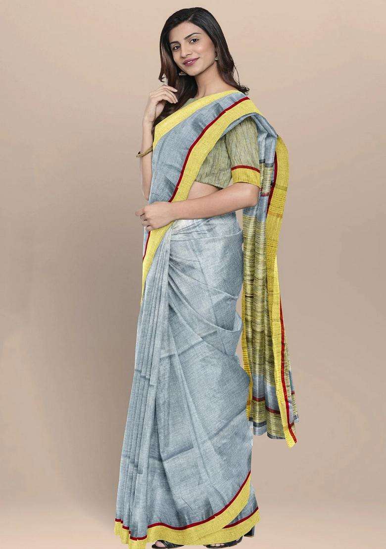 Porpoise Grey Pure Linen Handloom Saree With Traditional Woven Design For Women - Indya