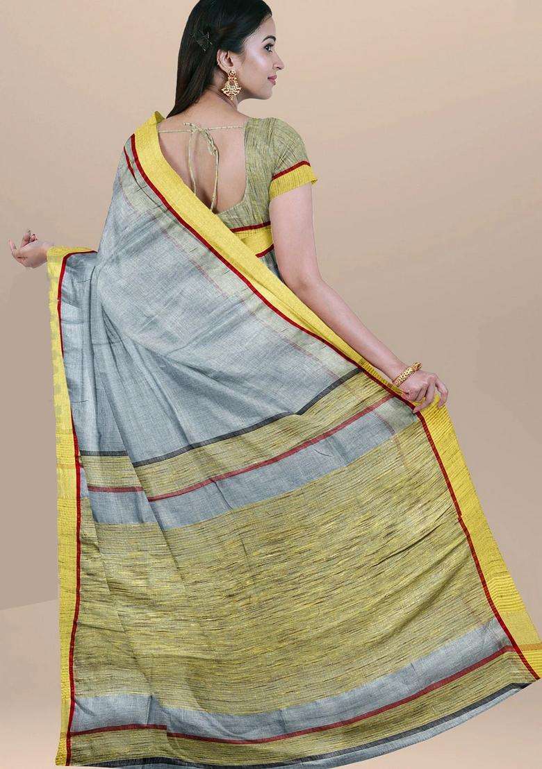 Porpoise Grey Pure Linen Handloom Saree With Traditional Woven Design For Women - Indya