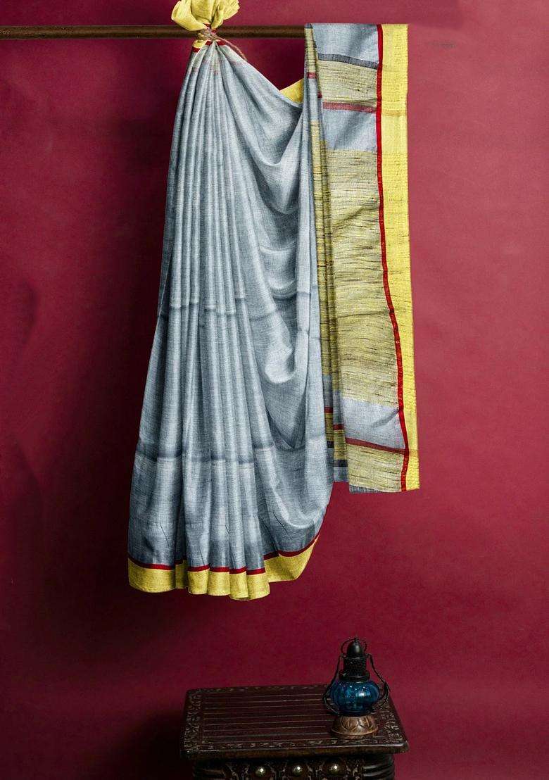Porpoise Grey Pure Linen Handloom Saree With Traditional Woven Design For Women - Indya