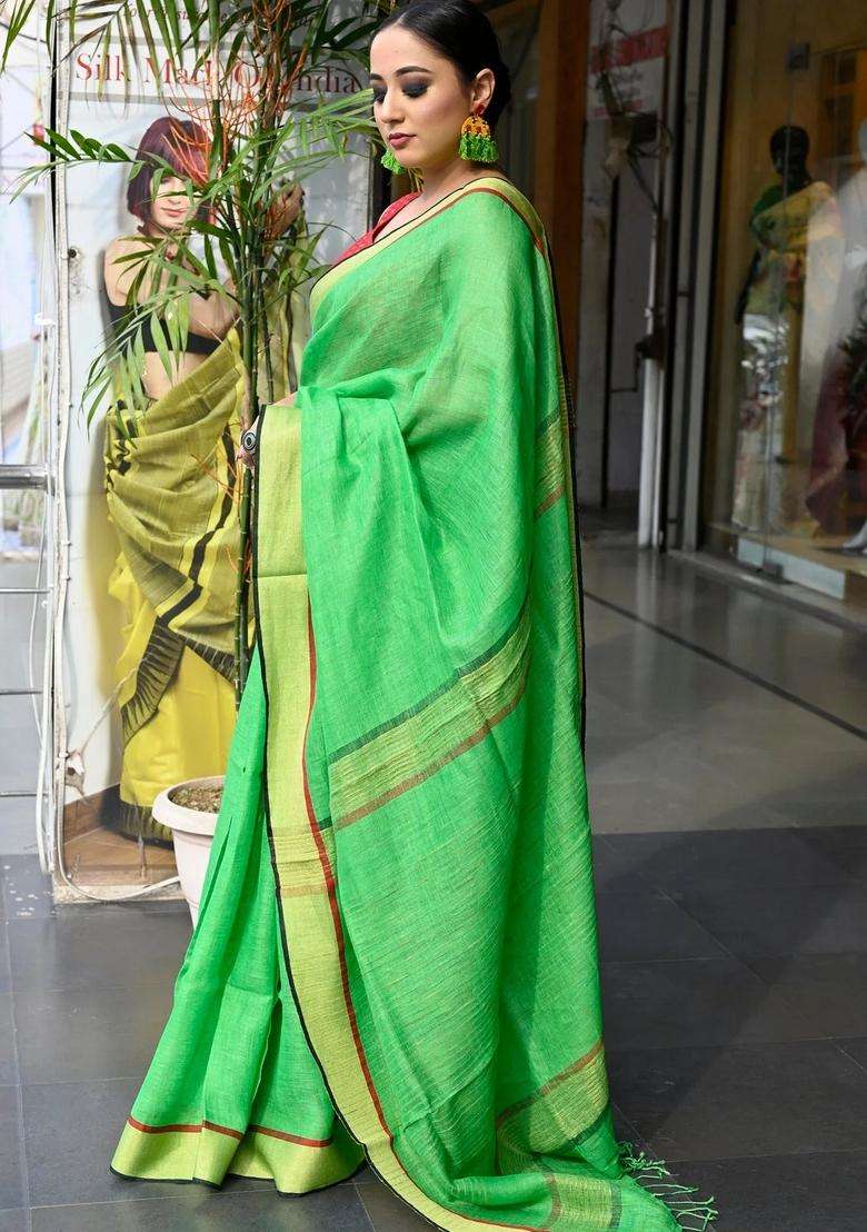 Parakeet Green Pure Linen Handloom Saree With Traditional Woven Design For Women - Indya