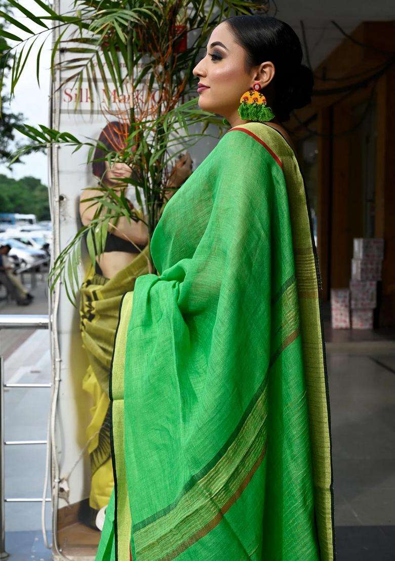 Parakeet Green Pure Linen Handloom Saree With Traditional Woven Design For Women - Indya