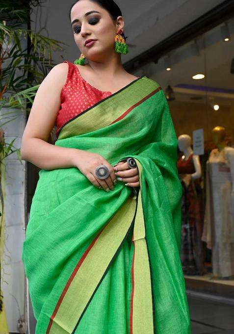 Parakeet Green Pure Linen Handloom Saree With Traditional Woven Design For Women