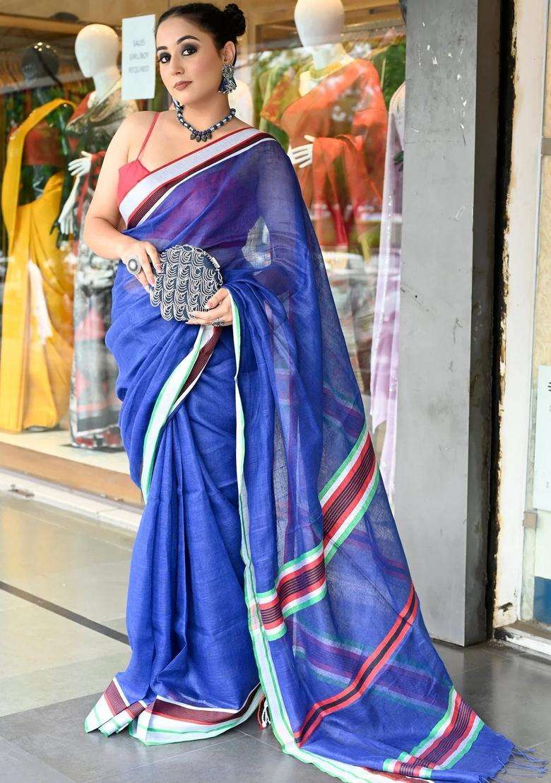 Admiral Blue Pure Linen Handloom Saree With Traditional Woven Design For Women - Indya