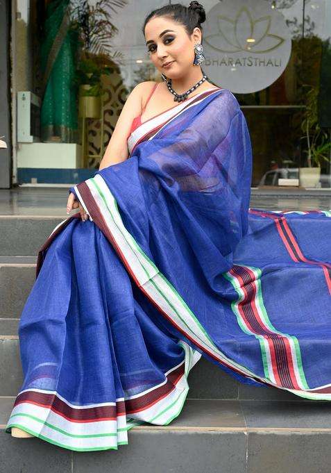 Admiral Blue Pure Linen Handloom Saree With Traditional Woven Design For Women