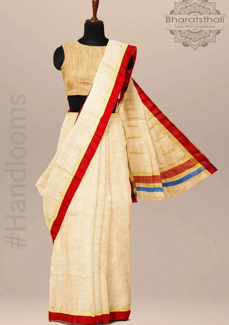 Coconut Cream Pure Linen Handloom Saree With Traditional Woven Design For Women - Indya