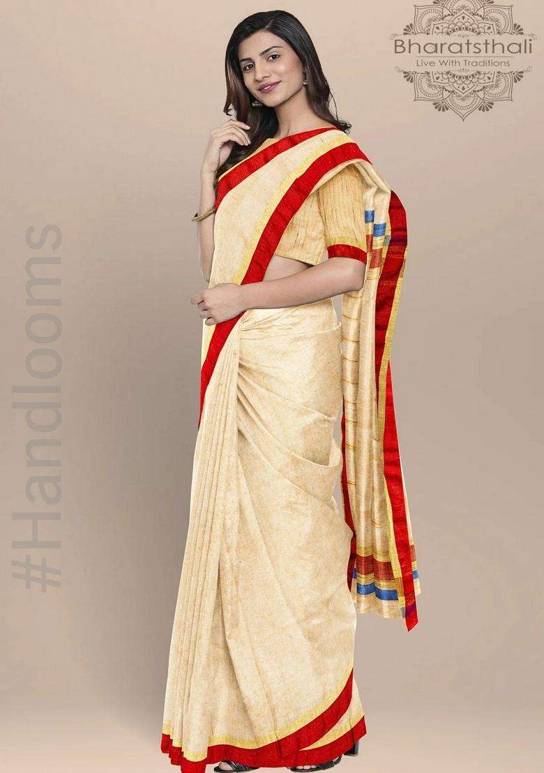 Coconut Cream Pure Linen Handloom Saree With Traditional Woven Design For Women - Indya