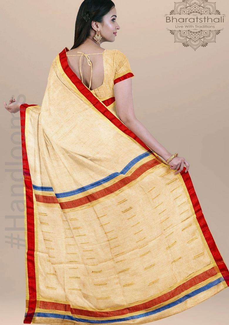 Coconut Cream Pure Linen Handloom Saree With Traditional Woven Design For Women - Indya