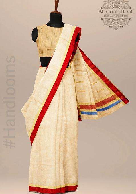 Coconut Cream Pure Linen Handloom Saree With Traditional Woven Design For Women