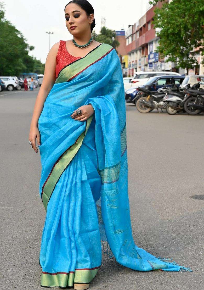 Dodger Blue Pure Linen Handloom Saree With Traditional Woven Design For Women - Indya