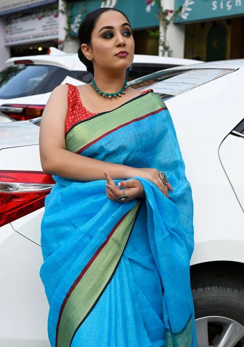 Dodger Blue Pure Linen Handloom Saree With Traditional Woven Design For Women - Indya
