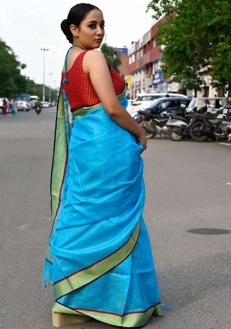 Dodger Blue Pure Linen Handloom Saree With Traditional Woven Design For Women - Indya