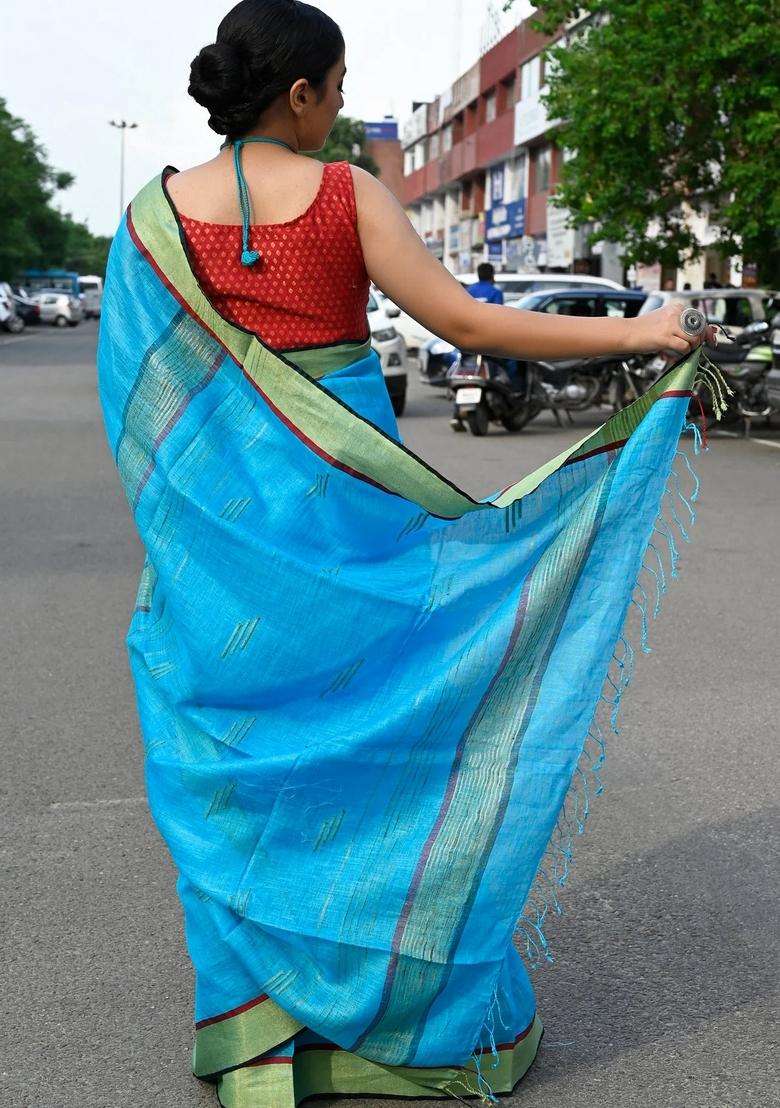 Dodger Blue Pure Linen Handloom Saree With Traditional Woven Design For Women - Indya