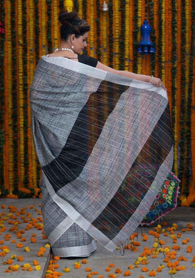 Grey And Black Pure Linen Handloom Saree With Traditional Woven Design For Women - Indya