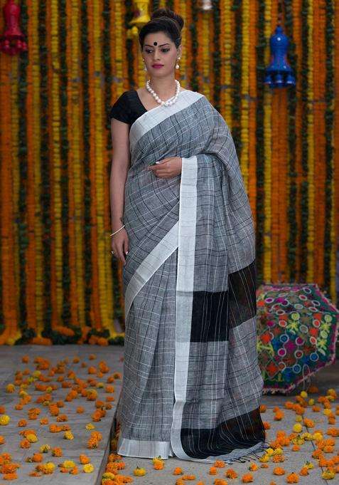 Grey And Black Pure Linen Handloom Saree With Traditional Woven Design For Women