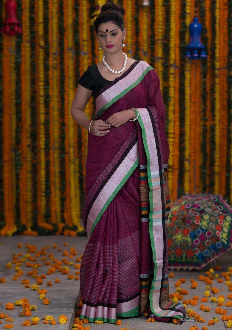 Plum Purple Pure Linen Handloom Saree With Traditional Woven Design For Women - Indya