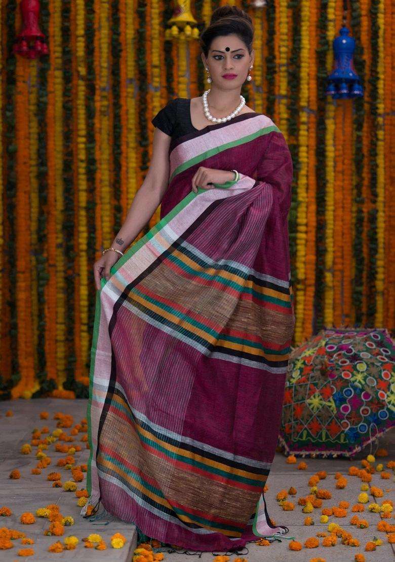 Plum Purple Pure Linen Handloom Saree With Traditional Woven Design For Women - Indya