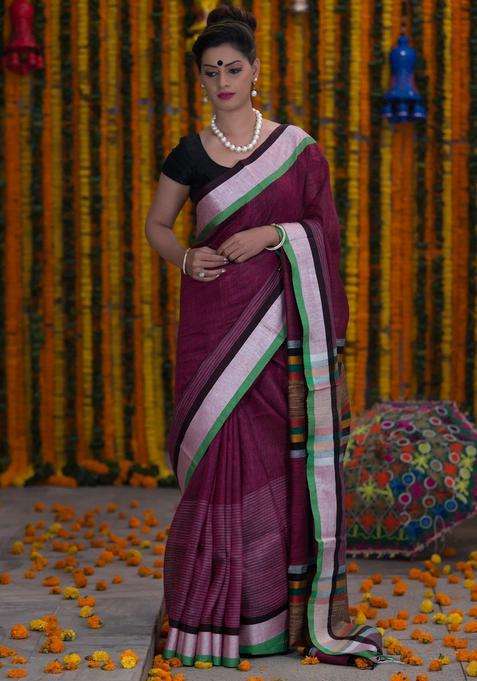 Plum Purple Pure Linen Handloom Saree With Traditional Woven Design For Women