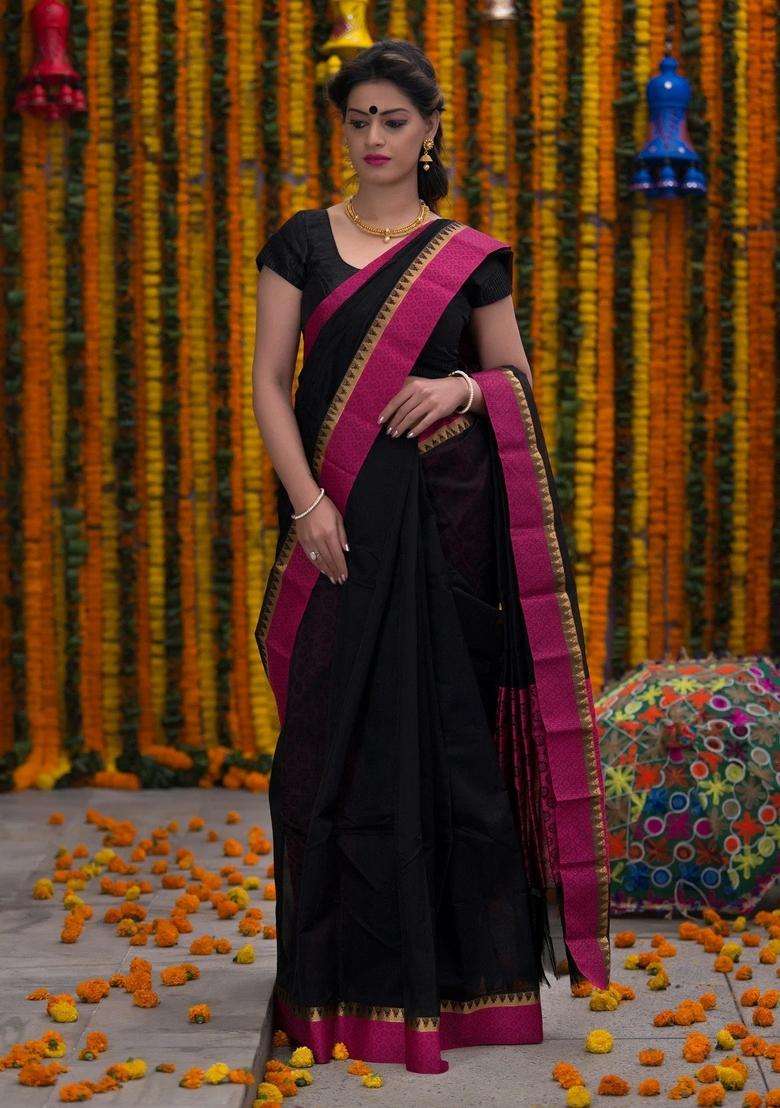 Hotpink And Black Pure Kota Cotton Saree With Traditional Woven Design For Women - Indya