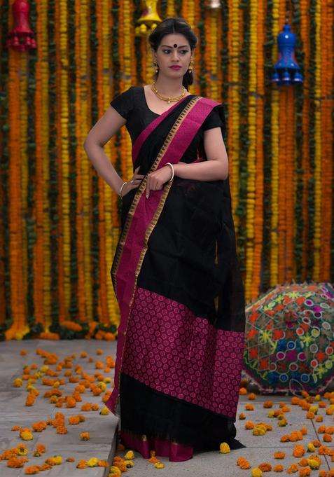 Hotpink And Black Pure Kota Cotton Saree With Traditional Woven Design For Women