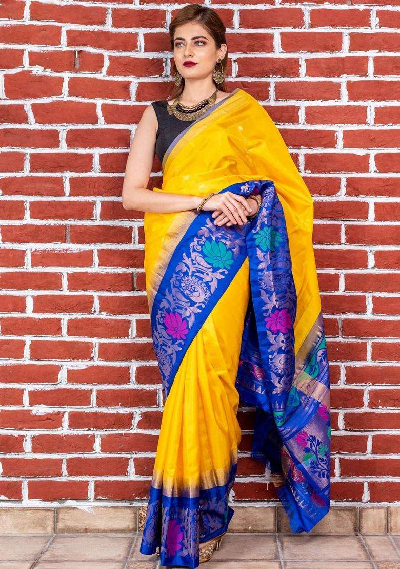 Yellow With Blue Pallu Kanjivaram Soft Silk Saree With Traditional Woven Design For Women - Indya