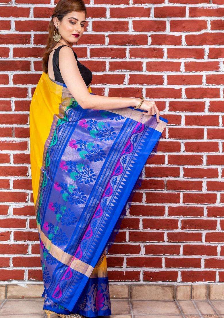 Yellow With Blue Pallu Kanjivaram Soft Silk Saree With Traditional Woven Design For Women - Indya