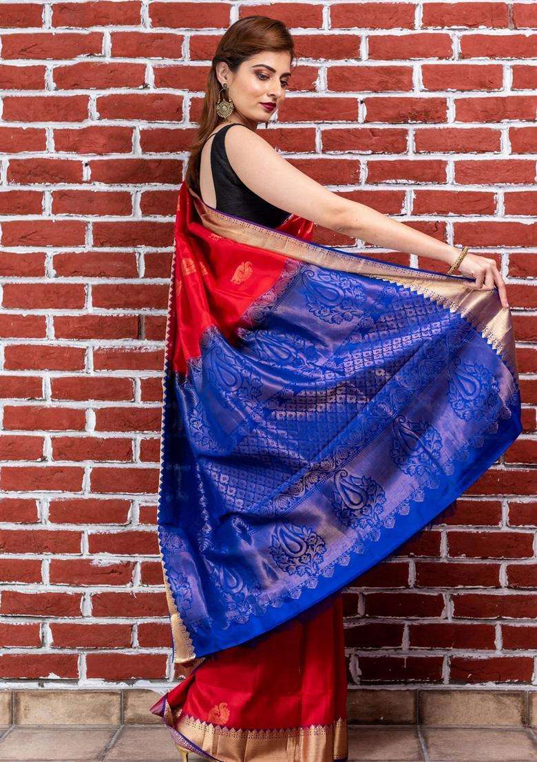 Red With Blue Zari Pallu Kanjivaram Soft Silk Saree With Traditional Woven Design For Women - Indya