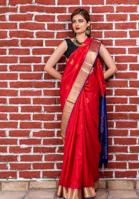 Red With Blue Zari Pallu Kanjivaram Soft Silk Saree With Traditional Woven Design For Women