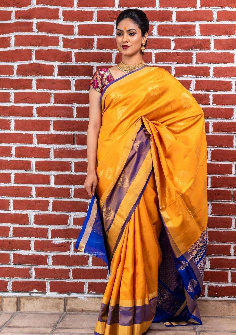 Fire Yellow With Purple Pallu Kanjivaram Soft Silk Saree With Traditional Woven Design For Women - Indya