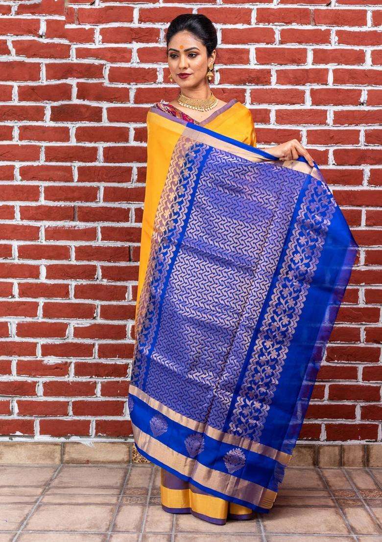 Fire Yellow With Purple Pallu Kanjivaram Soft Silk Saree With Traditional Woven Design For Women - Indya