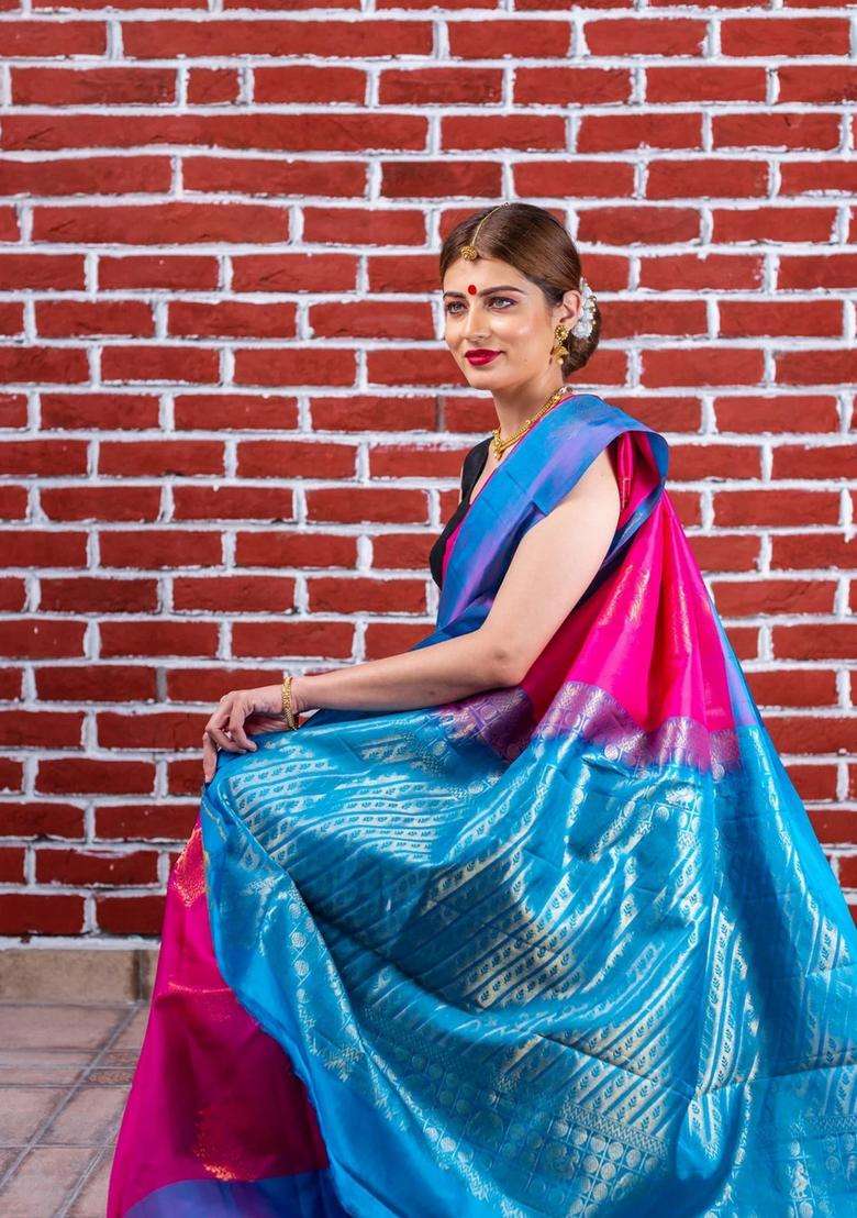 Magenta With Blue Pallu Pure Kanjivaram Pattu Soft Silk Saree With Traditional Woven Design For Women - Indya