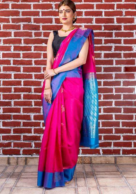 Magenta With Blue Pallu Pure Kanjivaram Pattu Soft Silk Saree With Traditional Woven Design For Women