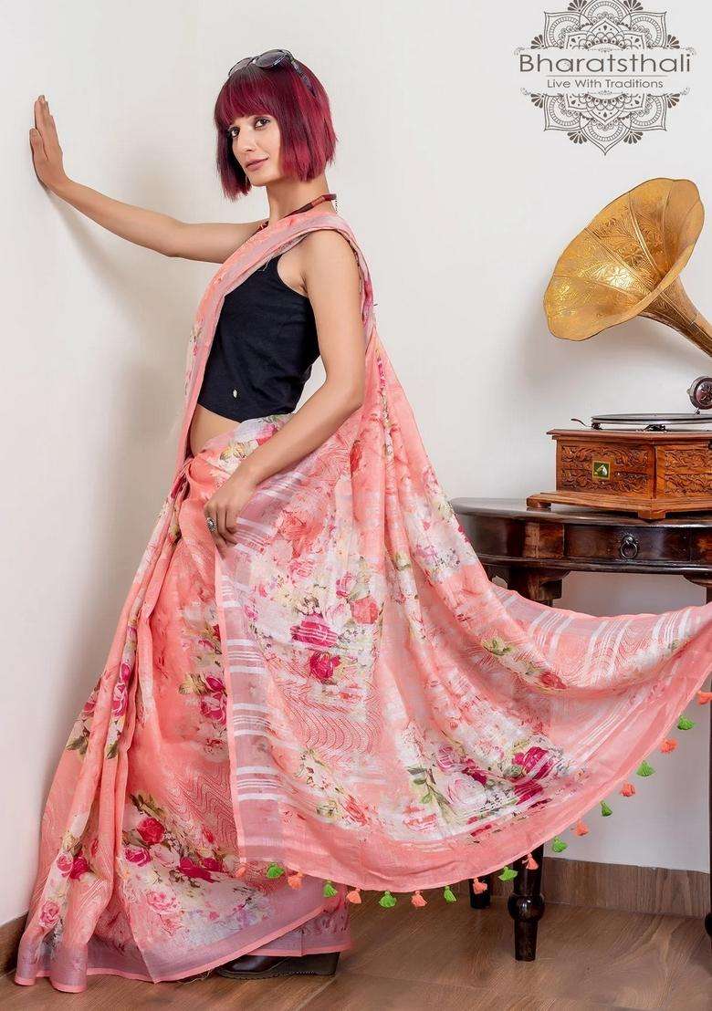 Peach Pink Pure Linen Digital Print Saree With Printed Design For Women - Indya